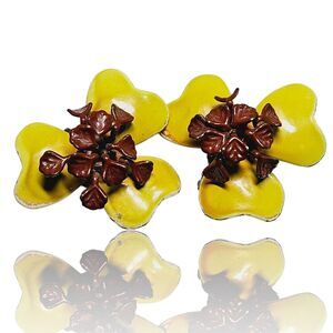 Vtg Poppy Flower Earrings Studs Clip-on Metal Enameled Retro 3d Yellow & Brown